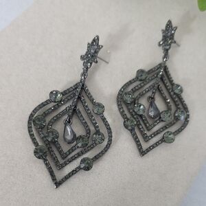 Gunmetal Glass Stone Chandalier Dangle Statement Earrings